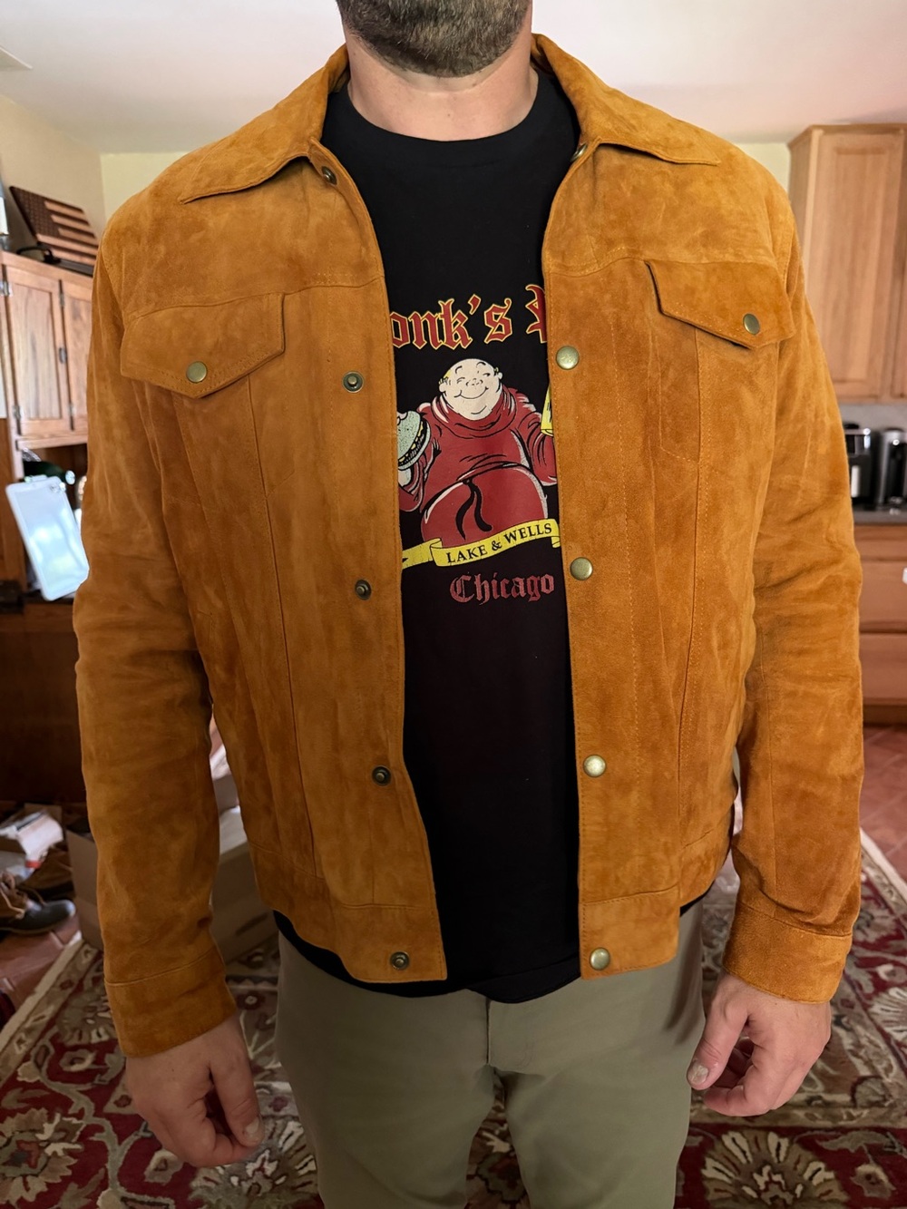 Men's Suede Snap-Front Bomber Jacket in Cognac